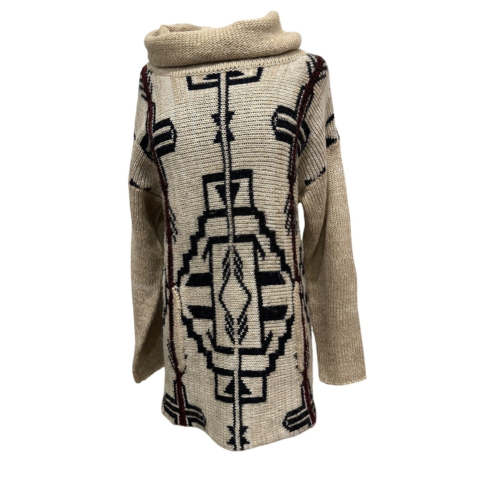 Freeway‎ Womens Small Southwestern Cowl Neck Sweater Tunic Beige Geometric 2609